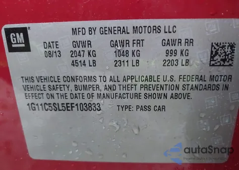 2014 Chevrolet Malibu 1Lt z USA, uszkodzony, nr VIN 1G11C5SL5EF103833